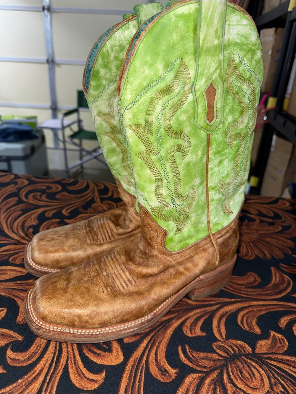 Women’s Corral 7 1/2 Two-Tone Brown Leather Cowboy Boots with Lime Green Shaft